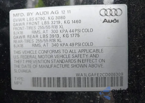 2012 Audi Q7 3.0T Premium from USA, damaged, VIN WA1LGAFE2CD006309